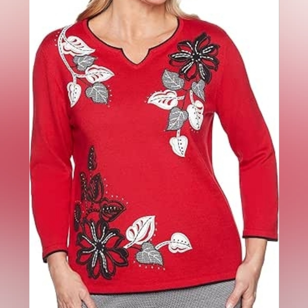 Alfred Dunner Women's  Red Sweater with Black and White Details SZ PM 60%cotton.